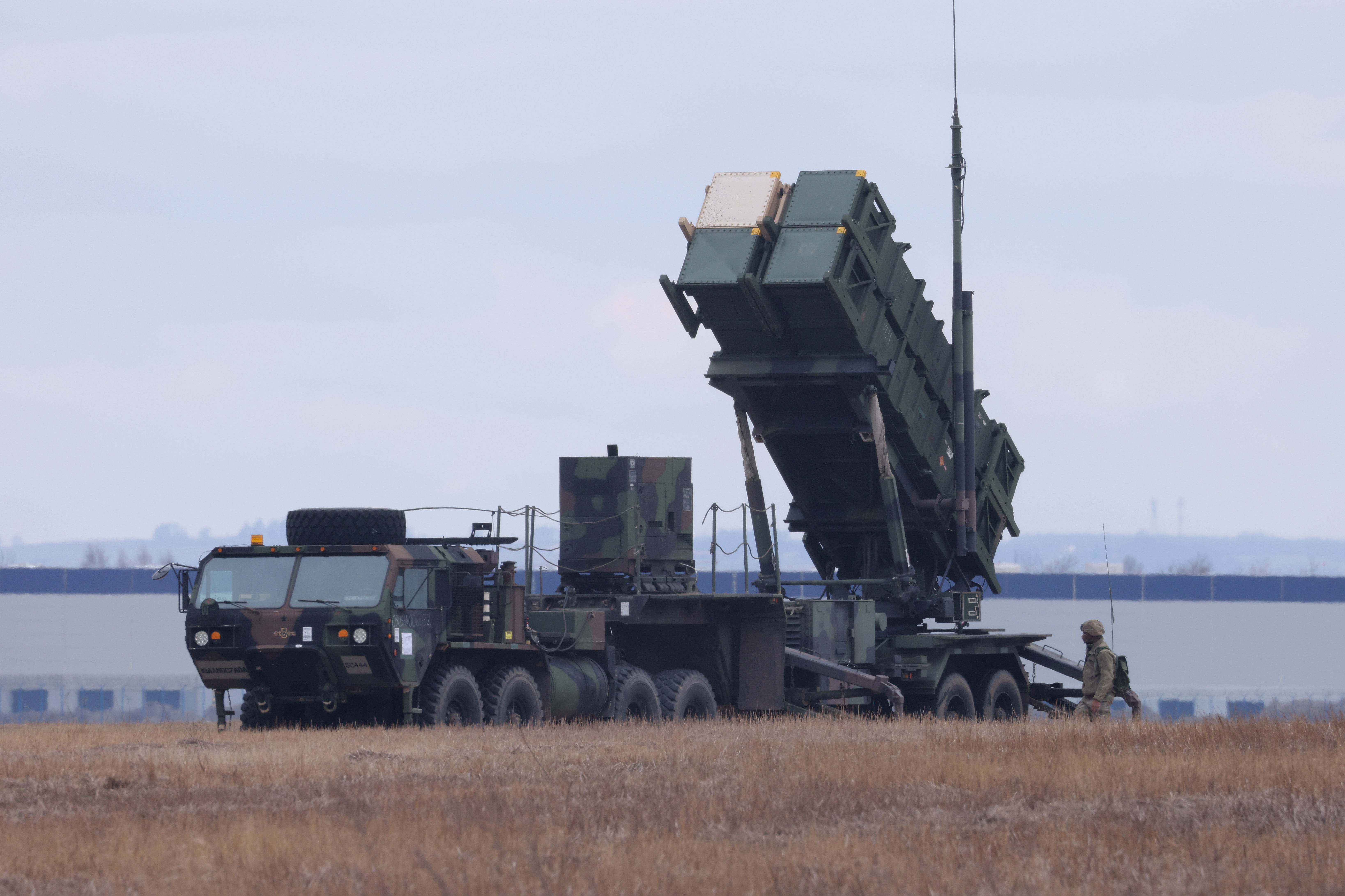 A US Army MIM-104 Patriot anti-missile defence launcher stands pointing east at Rzeszow Jasionska airport, an airport currently being used by the US Army’s 82nd Airborne Division, on 8 March near Rzeszow, Poland