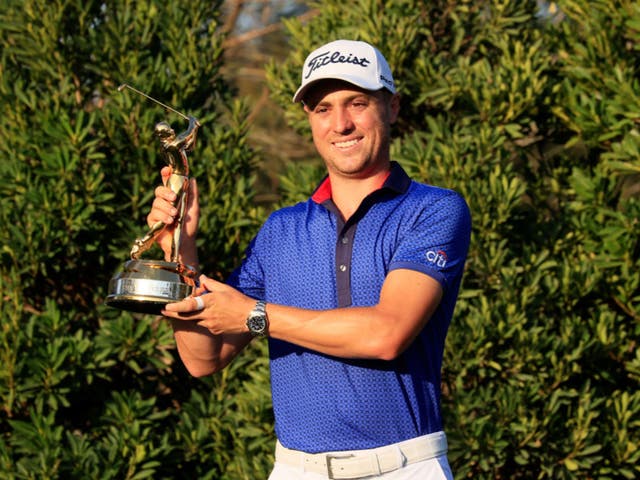 <p>Justin Thomas celebrates winning the Players’ Championship in 2021 </p>