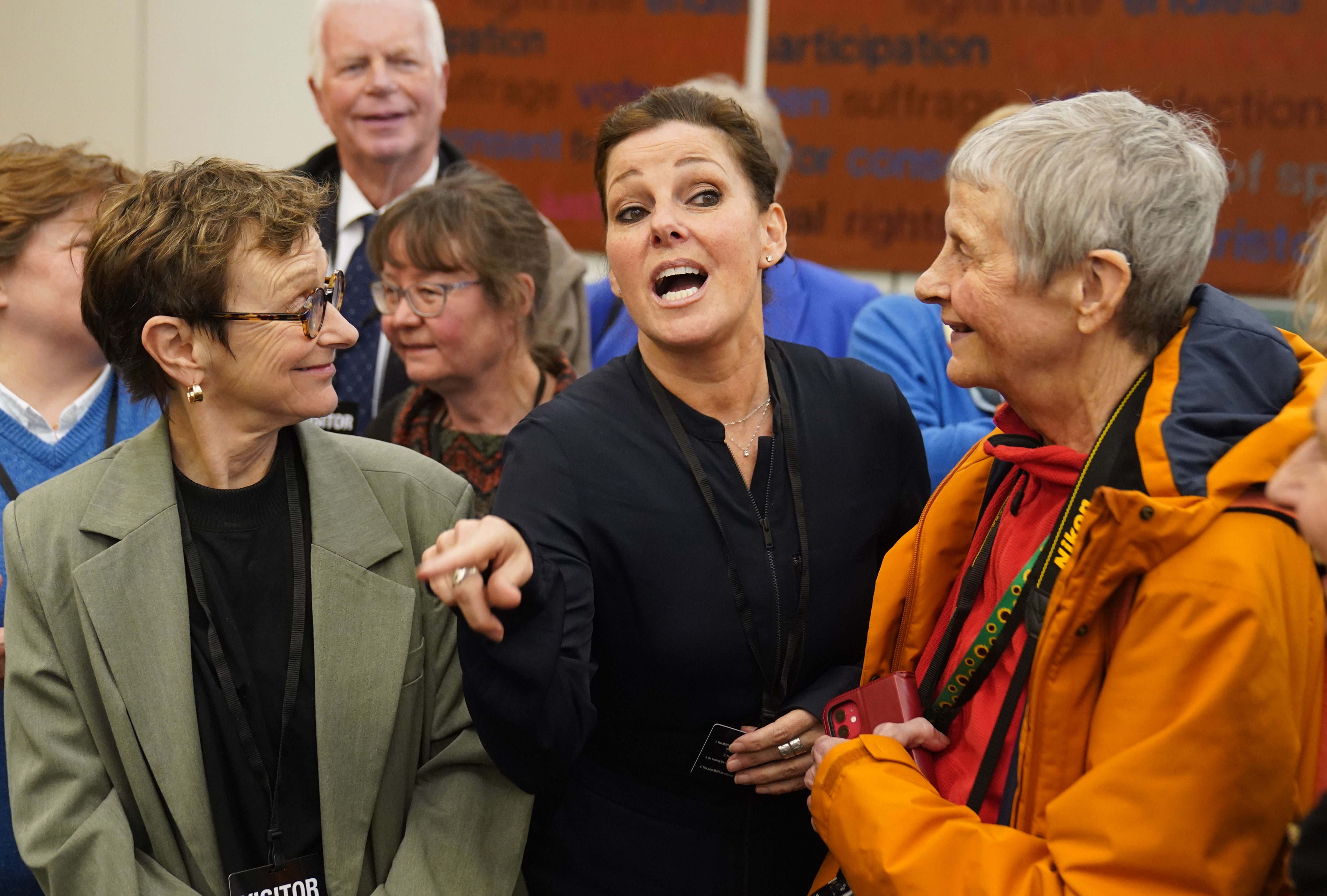 Ruthie Henshall (centre) speaks to the media after the meeting (Stefan Rousseau/PA)