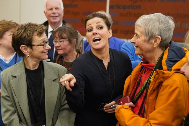 Ruthie Henshall (centre) speaks to the media after the meeting (Stefan Rousseau/PA)