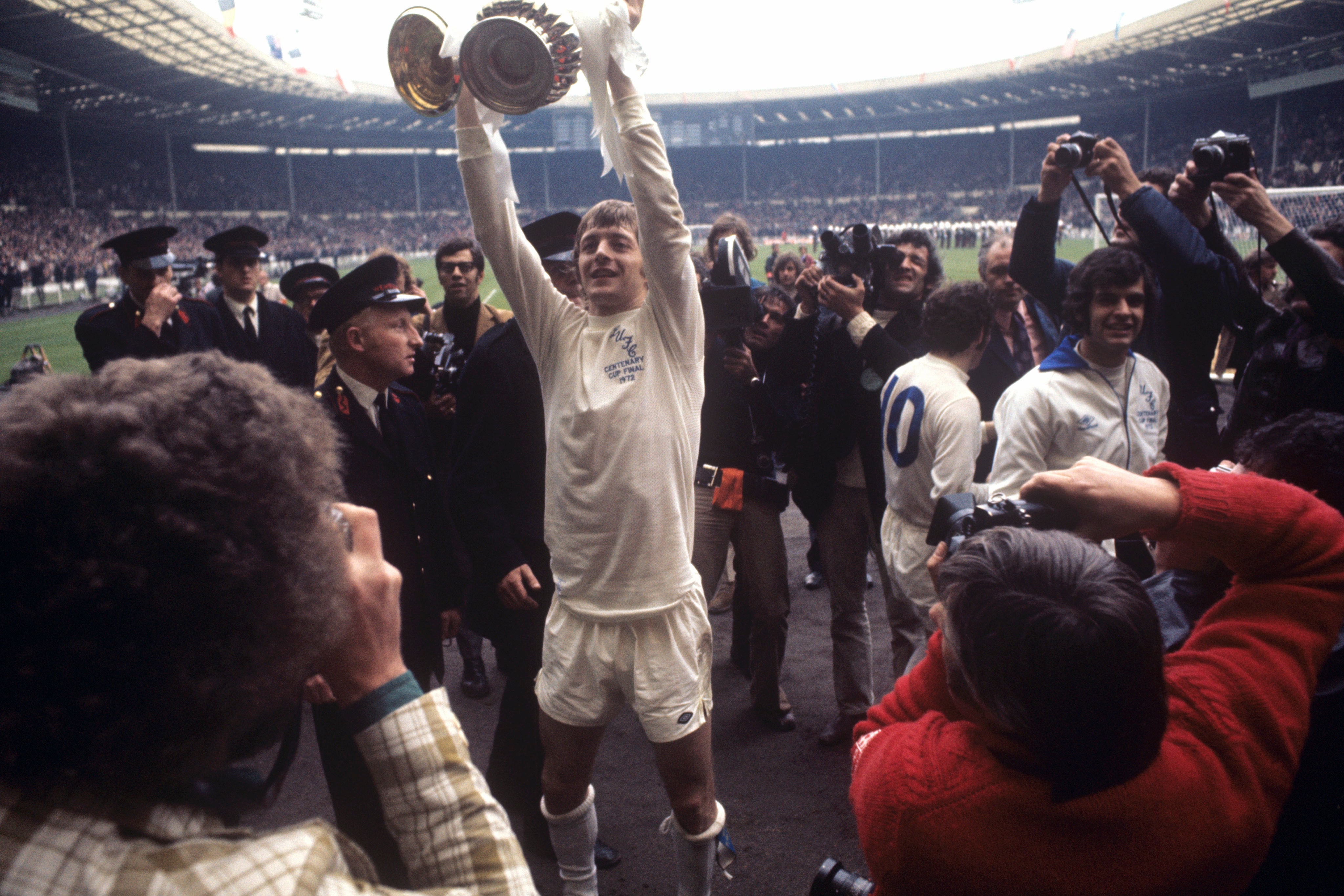 Leeds United’s winning goalscorer Allan Clarke celebrates with the FA Cup