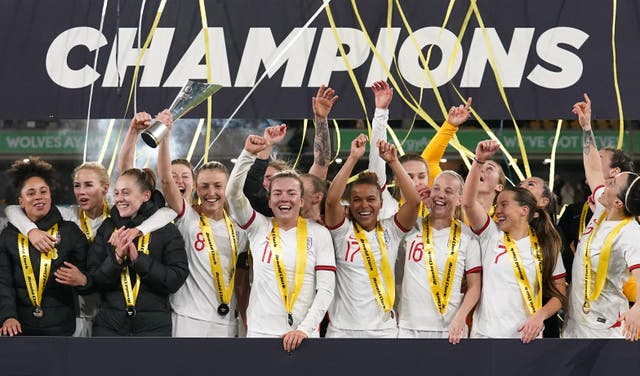 England Women celebrate after winning the Arnold Clark Cup (Nick Potts/PA)