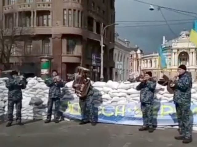 <p>A Ukrainian naval band plays Bobby McFerren’s ‘Don’t Worry, Be Happy’ in Odessa, Ukraine</p>