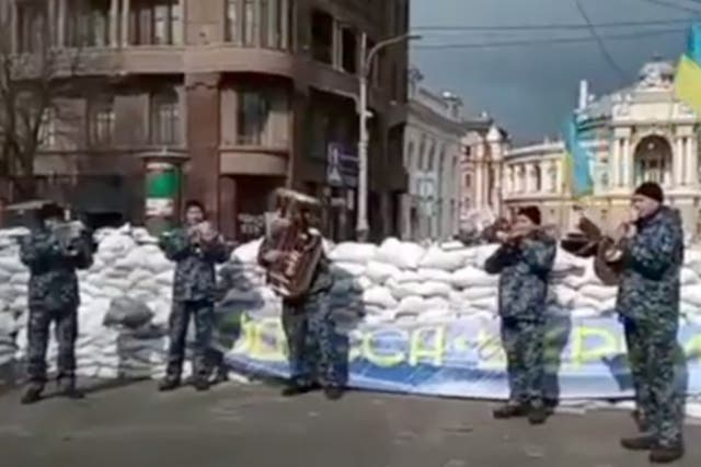 <p>A Ukrainian naval band plays Bobby McFerren’s ‘Don’t Worry, Be Happy’ in Odessa, Ukraine</p>