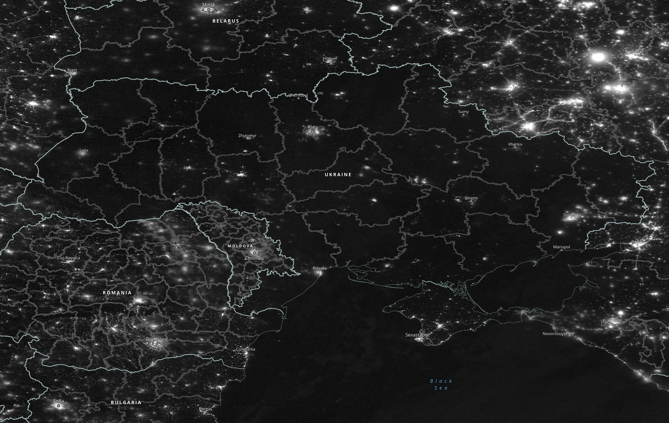 Imagery captured by Nasa on March 8 shows the reduction in light emitted from Ukraine (Nasa/PA)