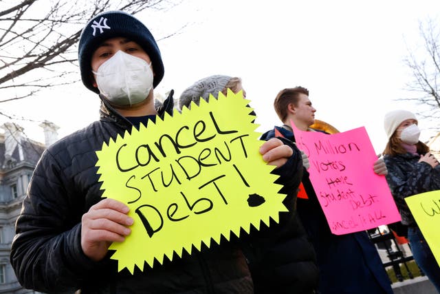 <p> Student debt borrowers demand President Biden cancel student loan debt during a demonstration outside The White House on February 16, 2022 in Washington, DC.</p>
