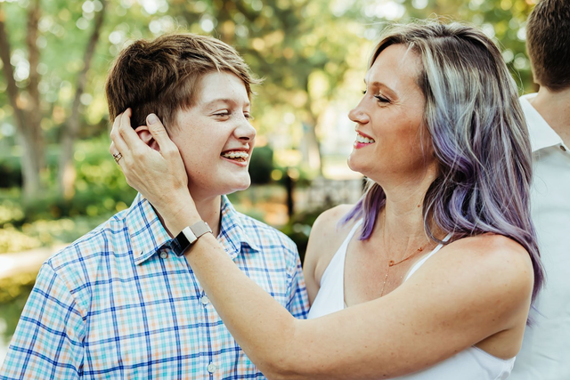 <p>Amber Briggle with her 14-year-old transgender son Max</p>