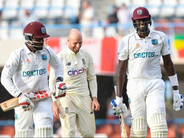 <p>Jason Holder (R) ended day two on 43 not out </p>