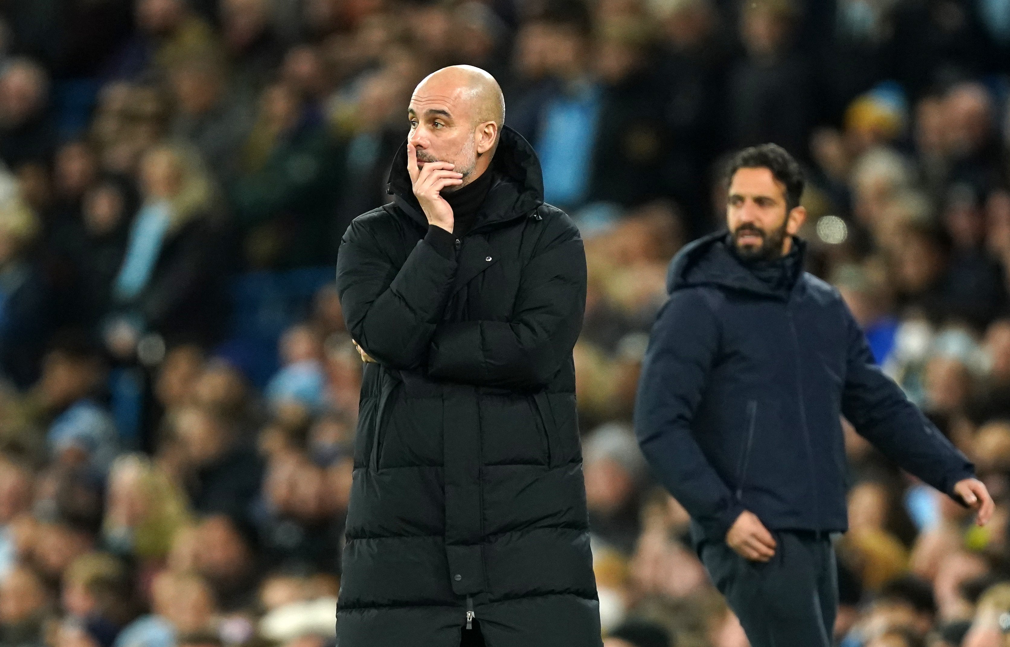 Pep Guardiola was satisfied with Manchester City’s draw against Sporting Lisbon (Mike Egerton/PA)