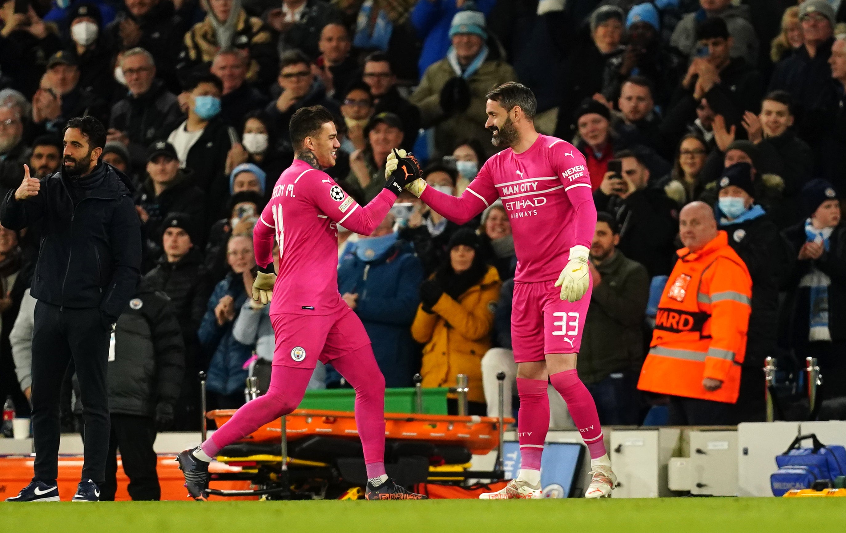 A rare Champions League outing for Scott Carson (right) saw him make an important late save (Martin Rickett/PA)