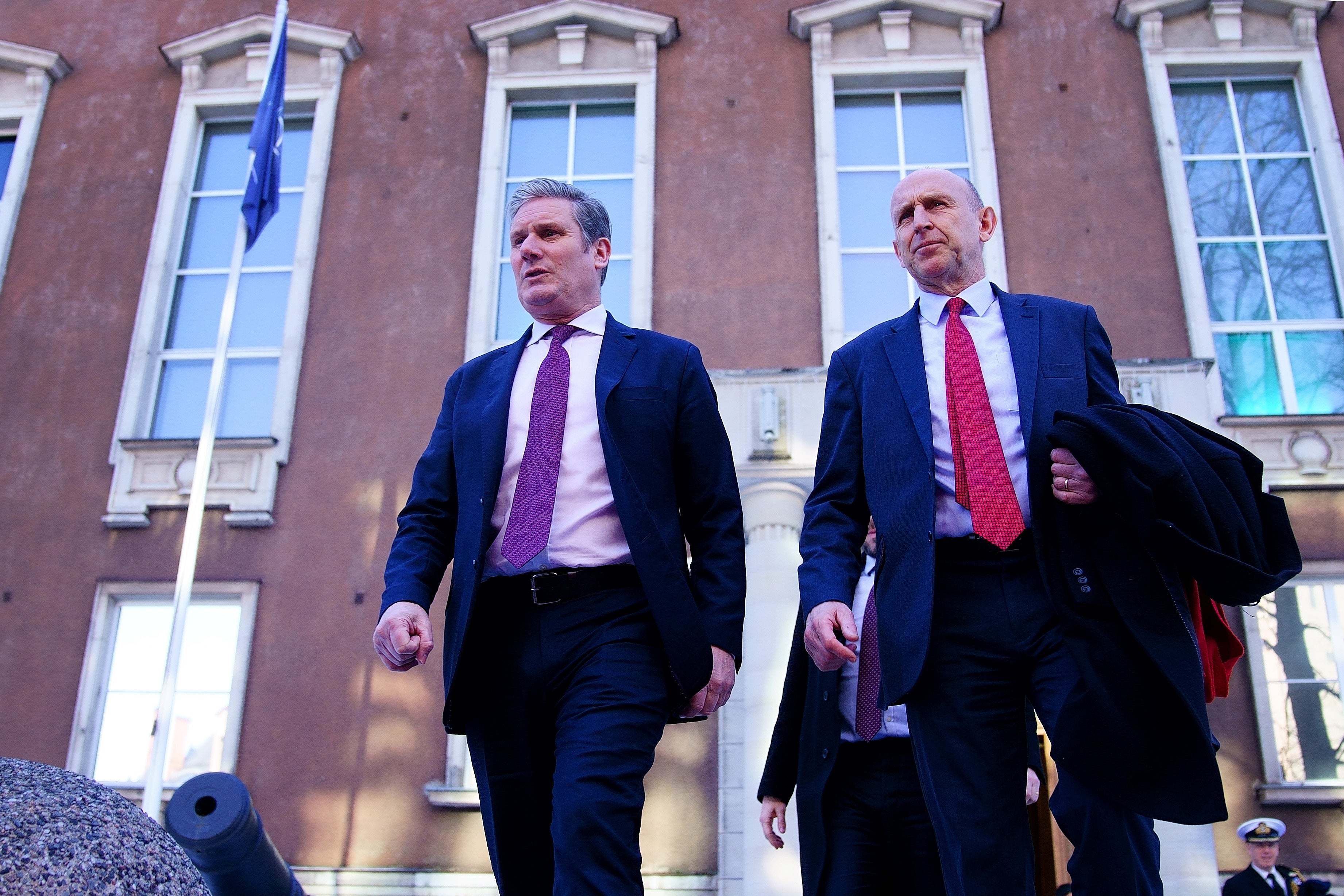 Labour leader Sir Keir Starmer and shadow defence secretary John Healey leave the defence ministry in Tallinn after meeting Estonian defence minister Kalle Laanet (Victoria Jones/PA)