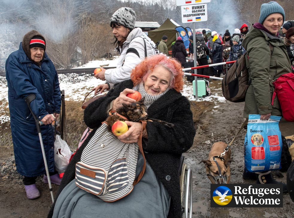 <p>Tetyana Nikiforovna Vatazhok, 87, (left) and Zhanna Dmytrivna Zabrodska, 85, (centre) at Kroscienko on the Polish Ukraine border </p>