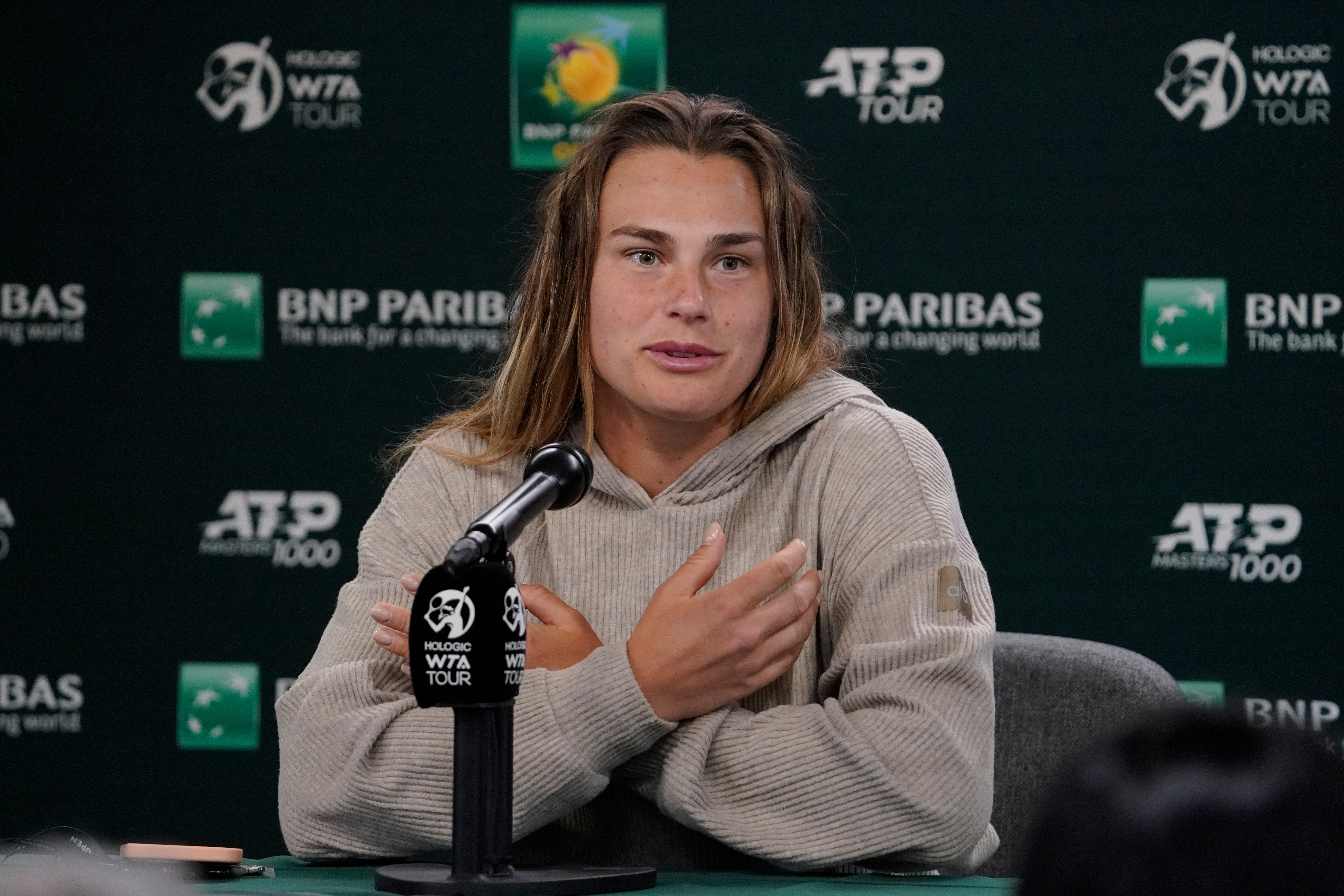Aryna Sabalenka speaking during a press conference in Indian Wells (Mark J Terrill/AP)