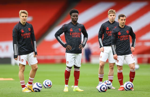 <p>Arsenal’s Martin Odegaard, Bukayo Saka, Emile Smith Rowe and Cedric Soares</p>