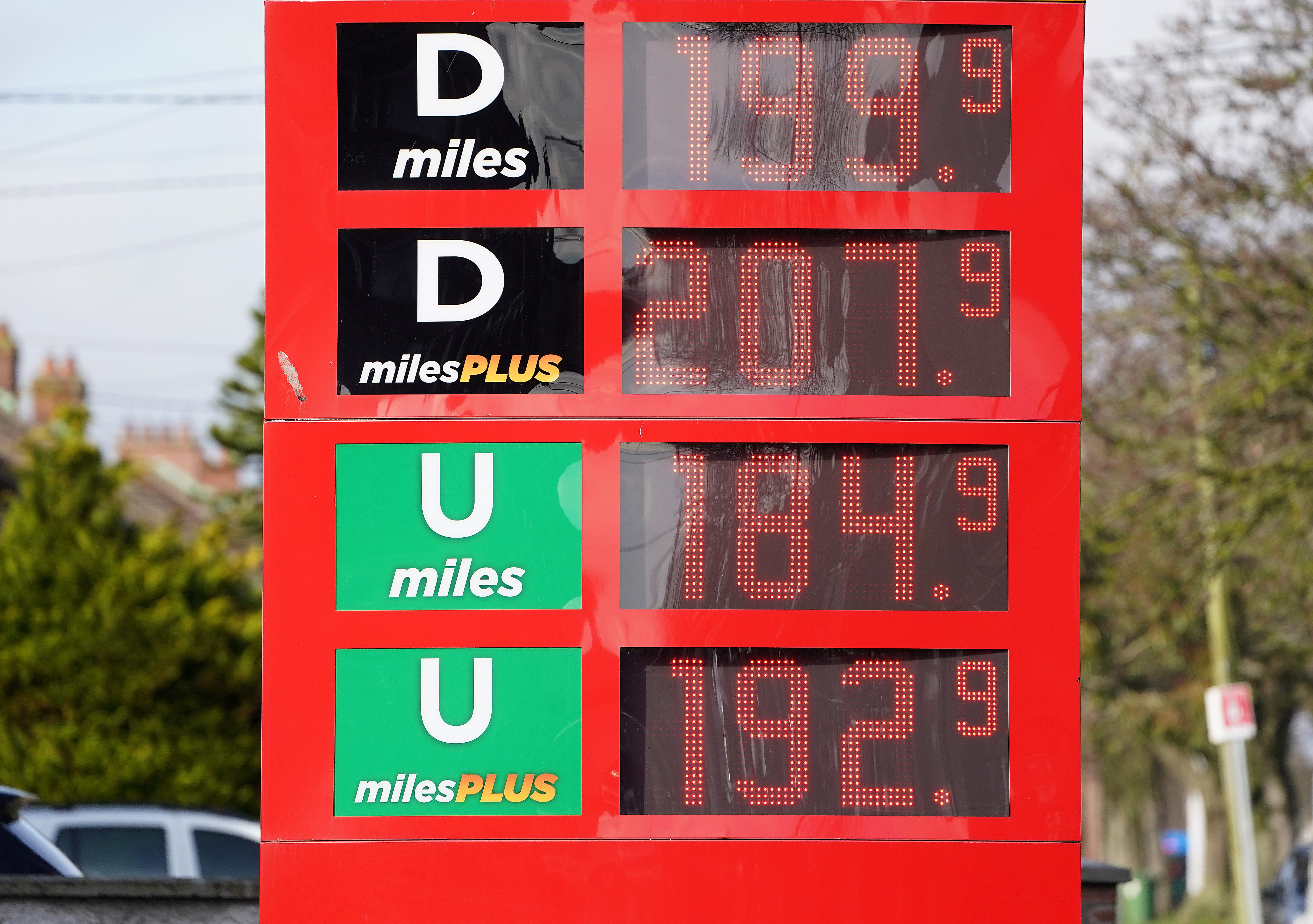 Fuel prices on display at a Circle K service station on Glasnevin Avenue in Dublin, following a significant cut in the excise duty on fuel (PA)