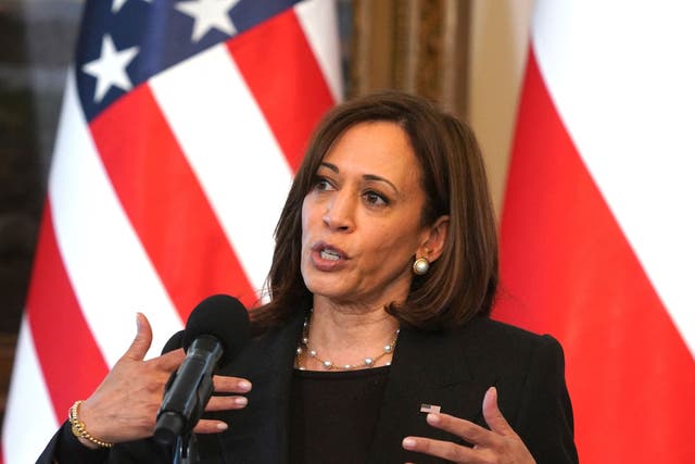 <p>Vice President Kamala Harris speaks during a press conference with the Polish President at Belvedere Palace in Warsaw, Poland, 10 March 2022</p>