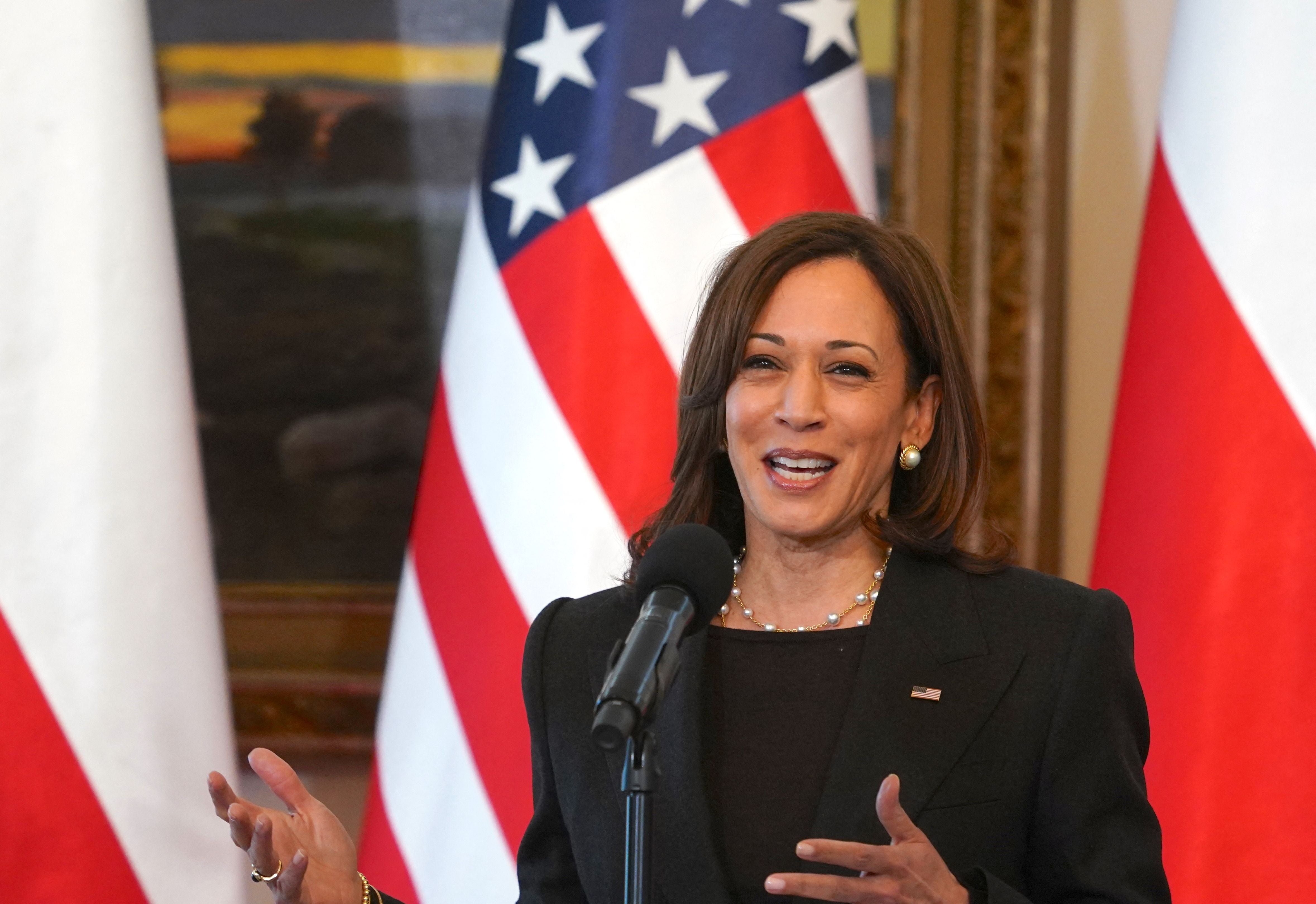 Vice President Kamala Harris speaks during a press conference with the Polish President at Belwelder Palace in Warsaw, Poland