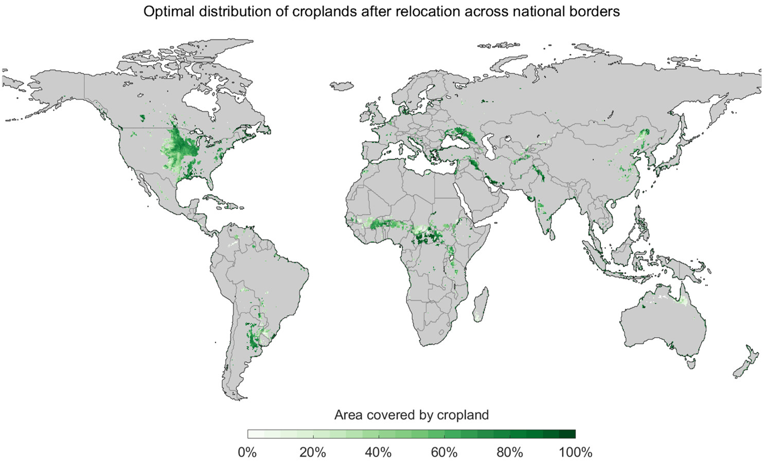 Map showing the optimal distribution of the world’s croplands