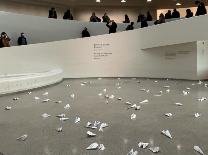 Dozens of protesters filled New York’s Guggenheim museum with paper planes to demand a no-fly zone over Ukraine