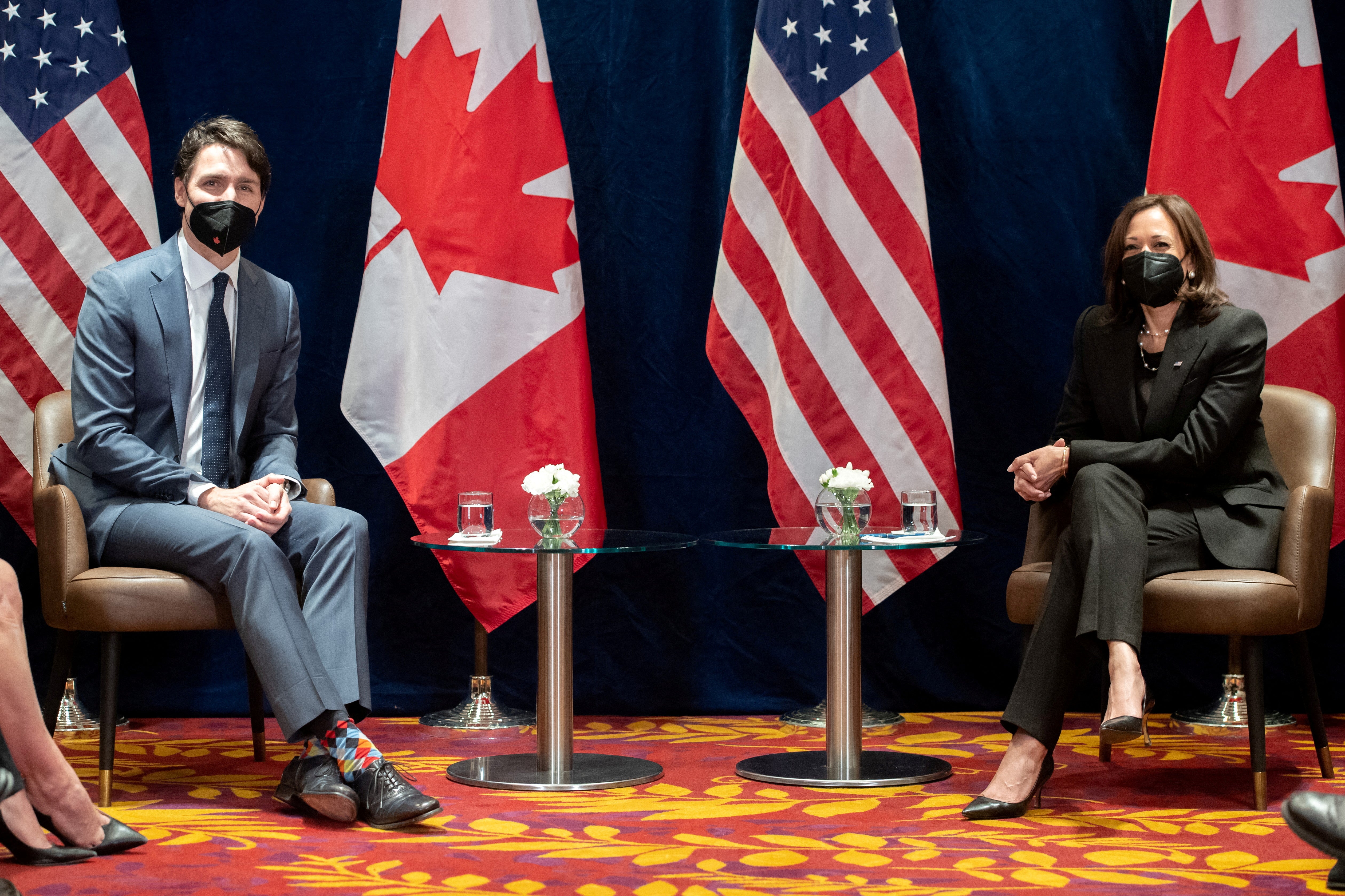 Vice President Kamala Harris and Canadian Prime Minister Justin Trudeau hold a meeting in Warsaw, Poland, on 10 March 2022