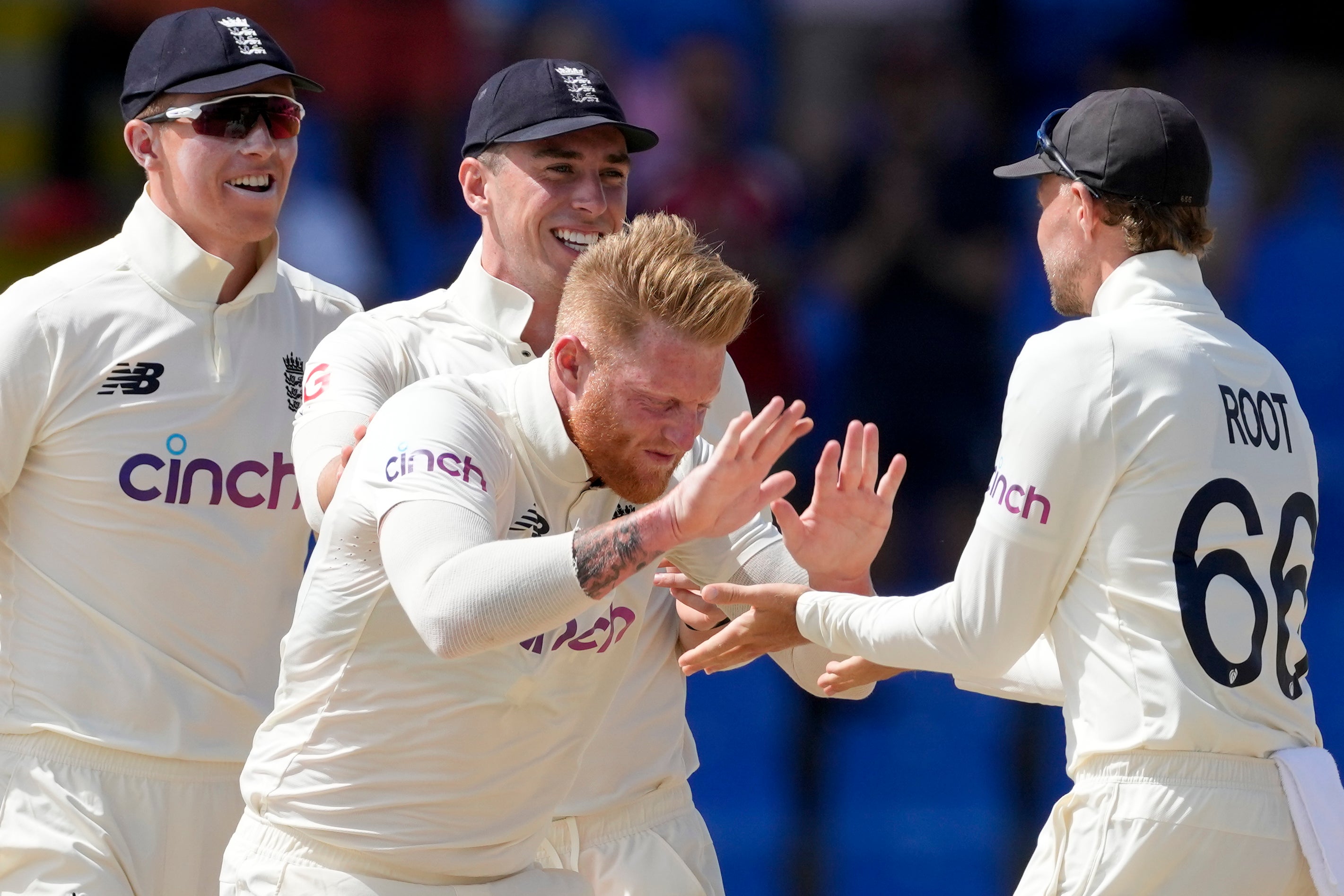 England’s Ben Stokes, celebrates the dismissal of Jason Holder (Ricardo Mazalan/AP).