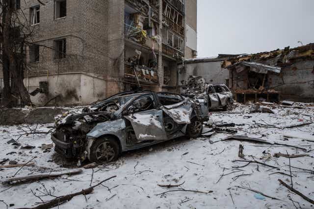 <p>Bombed buildings in the residential neighbourhood near Kharkiv Metro Station</p>
