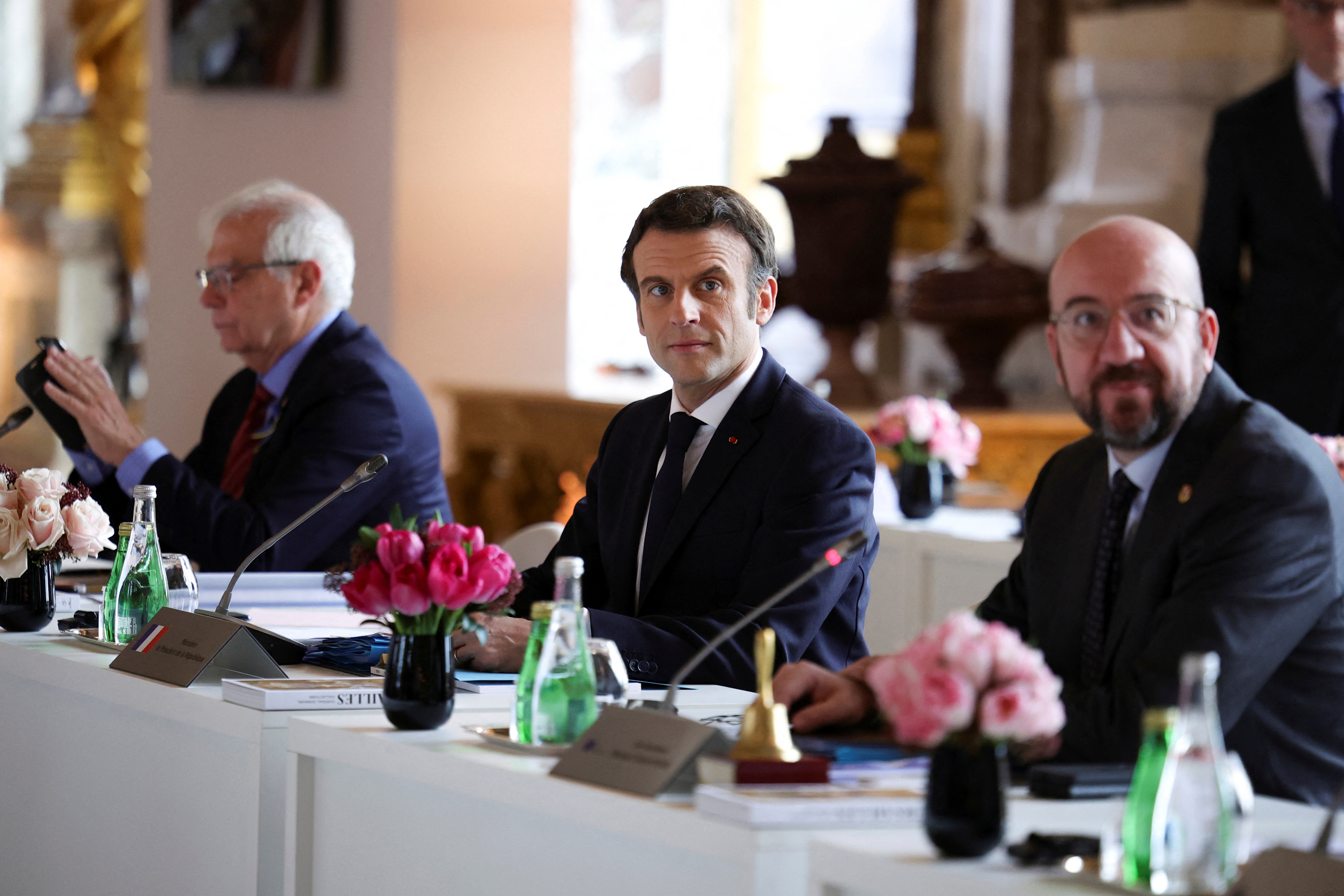 Emmanuel Macron attends a meeting on the Ukraine crisis in Versailles last week