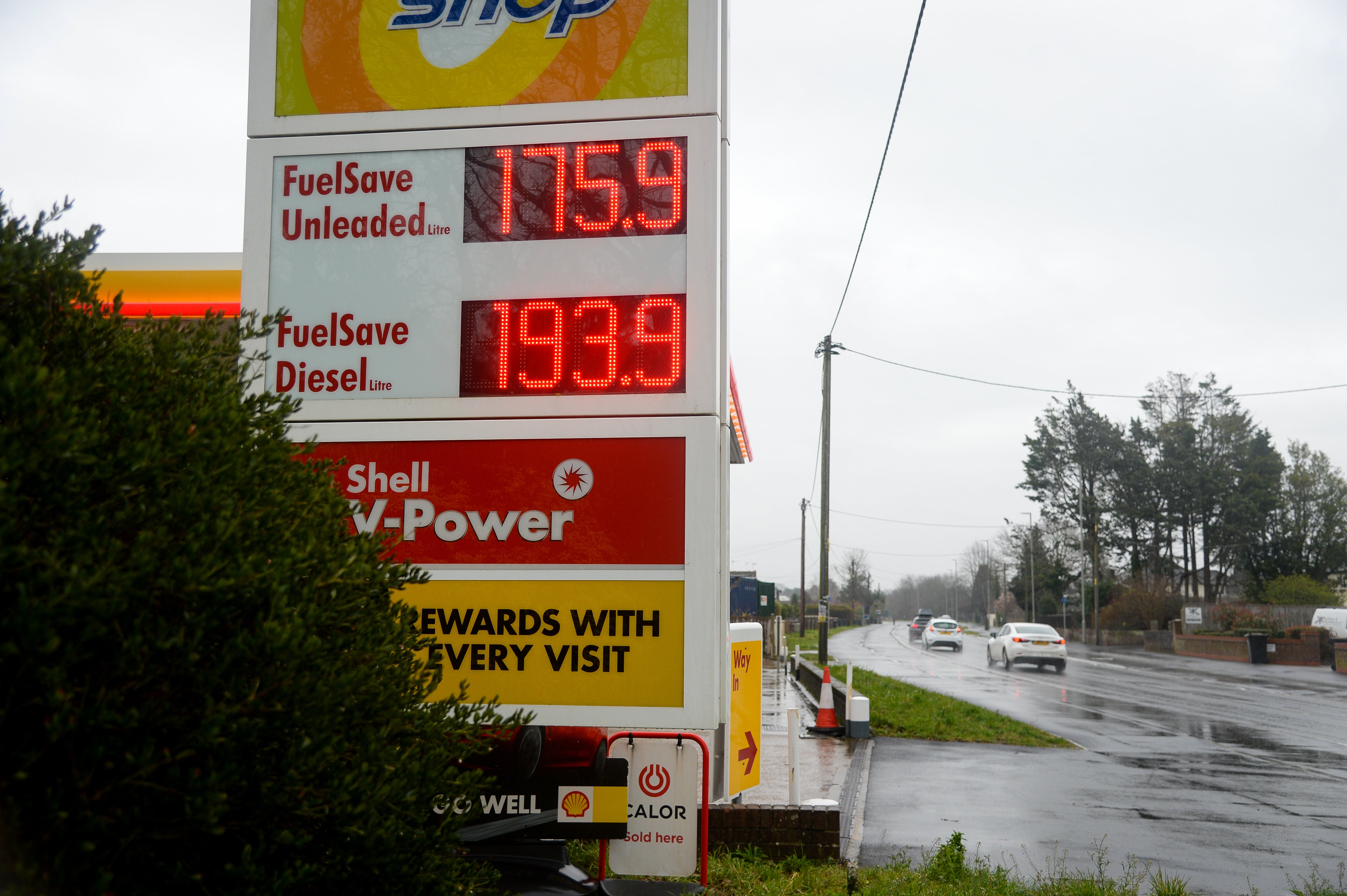 Fuel prices at a petrol station in Wimborne, England on Friday