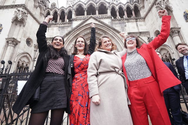 <p>Reclaim These Streets founders (left to right) Henna Shah, Jamie Klingler, Anna Birley and Jessica Leigh celebrate outside the Royal Courts of Justice, London, after winning their legal challenge against the Metropolitan Police</p>