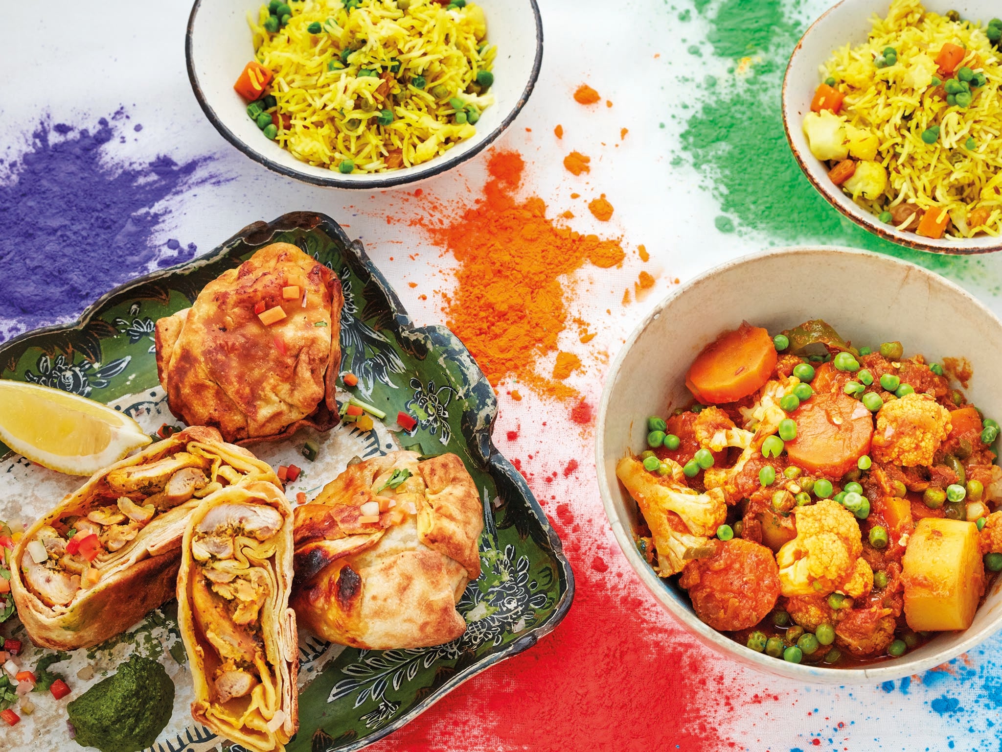 Vegetable pilau (top right) is a firm fixture on most menus at Holi