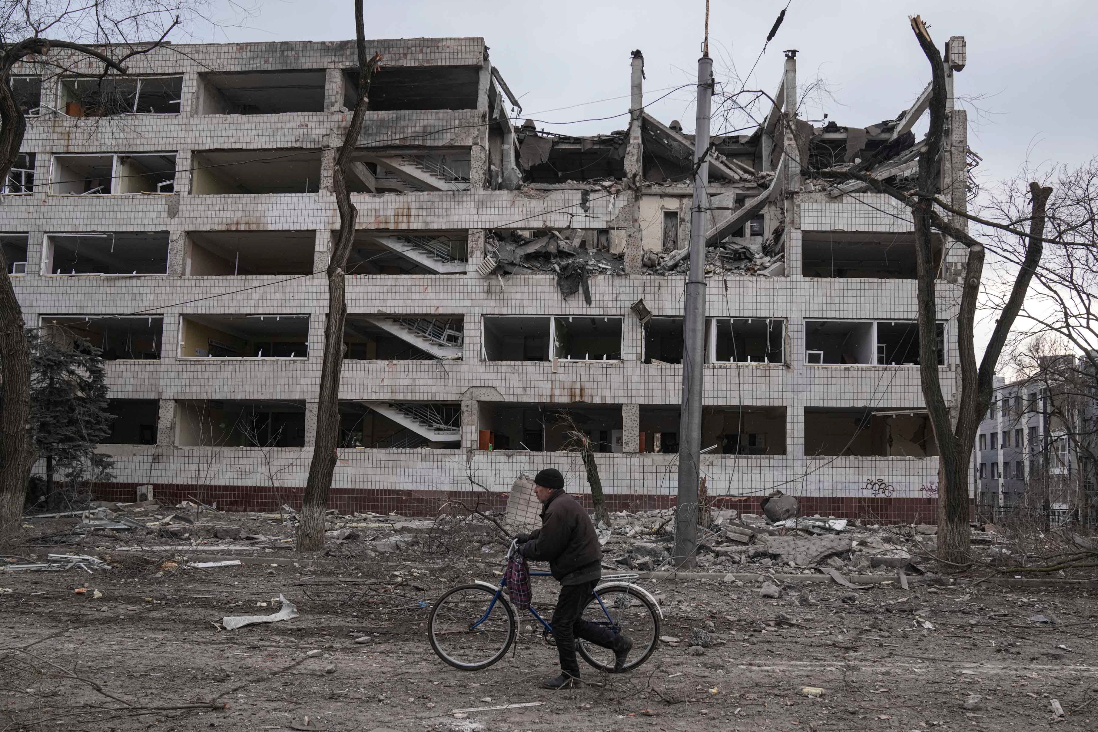 A building damaged by shelling in Mariupol