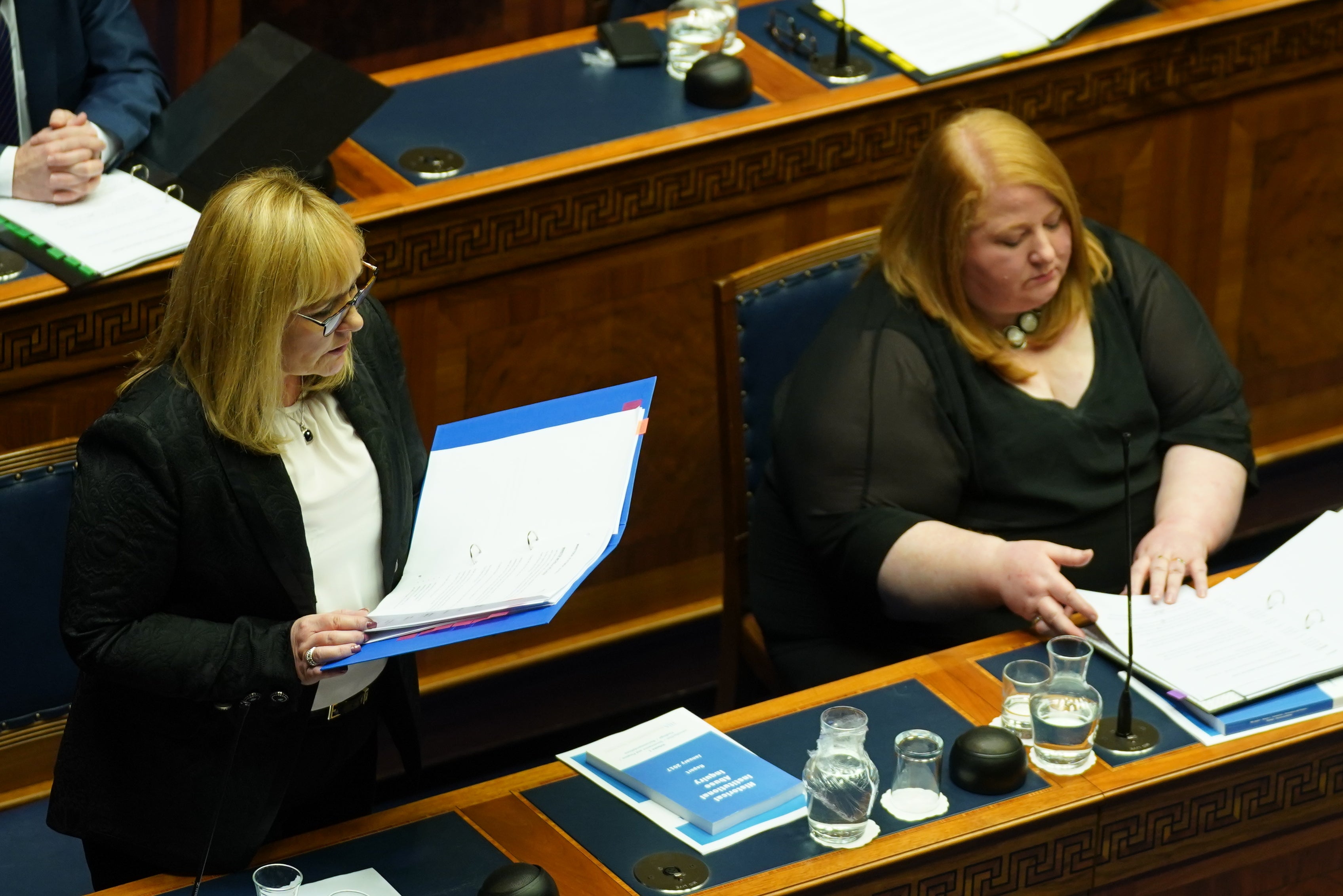 DUP education minister Michelle McIlveen speaks in the Northern Ireland Assembly chamber at Stormont during the delivery of the long-awaited public apology to the victims of historical institutional abuse (Brian Lawless/PA)
