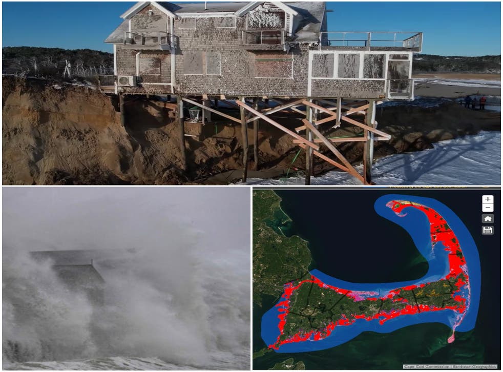 <p>Clockwise from top: A Cape Cod home teeters on the edge after coastal erosion; the flooding risk to Cape Cod by 2100, homes in Scituate are battered by storm surge</p>