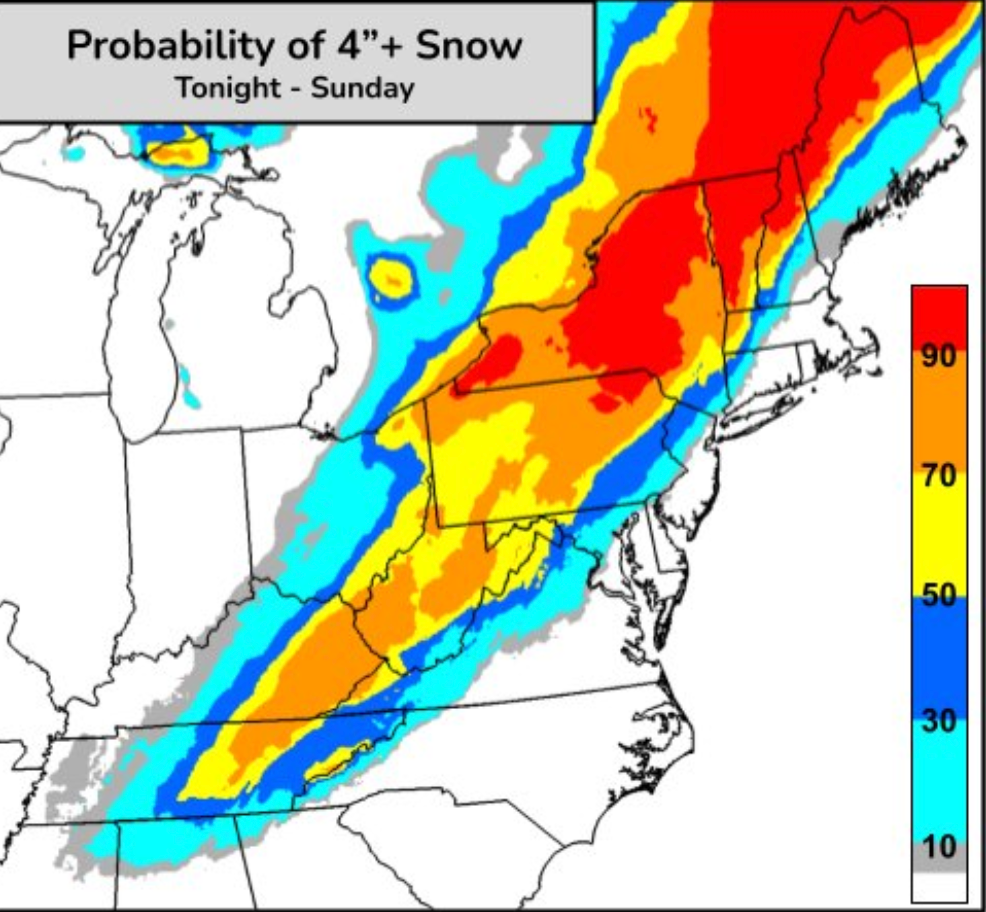 The predictions for snowfall tracking up the US East Coast this weekend from a late-winter storm