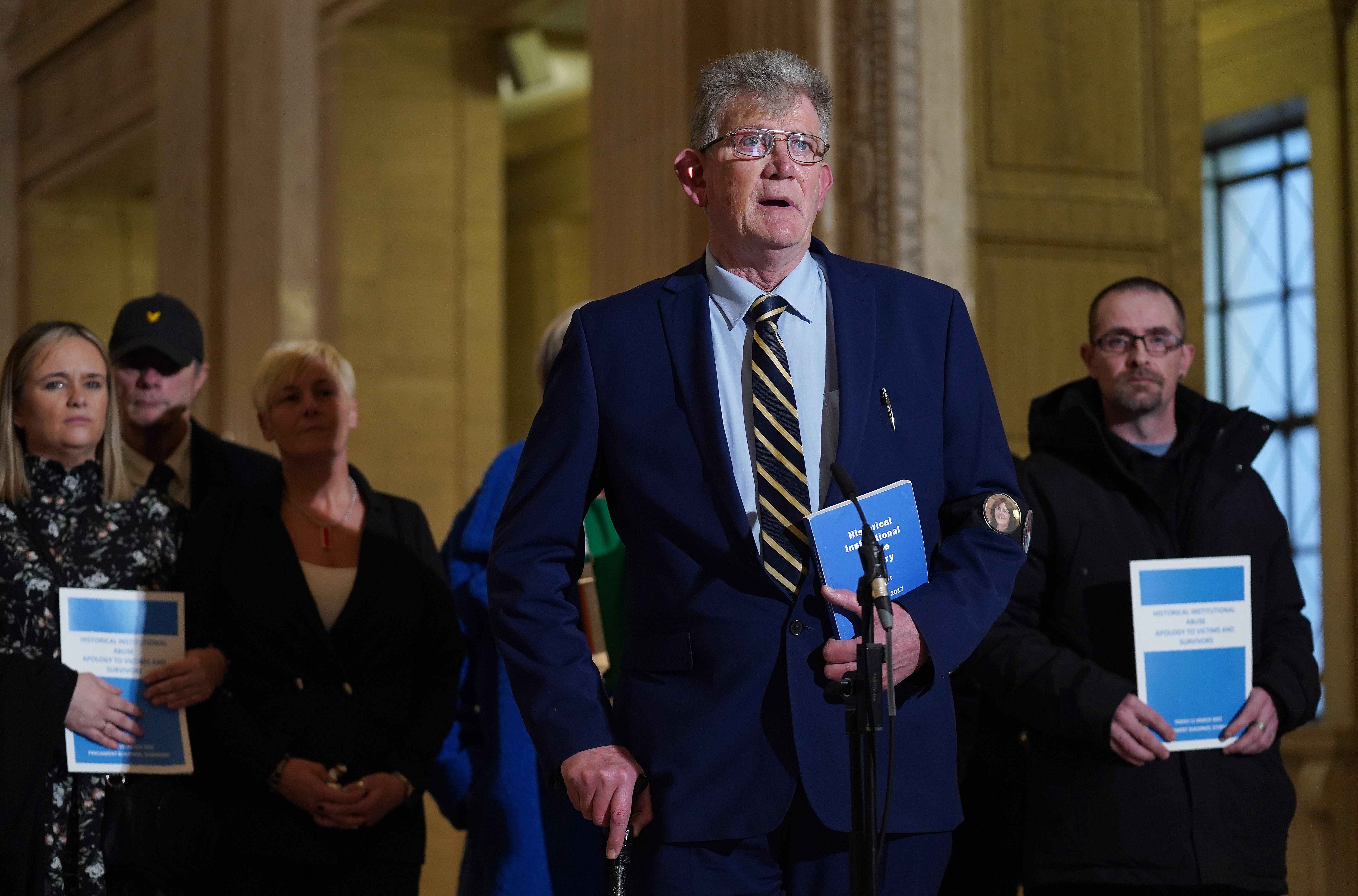 Abuse campaigner and survivor Jon McCourt speaks to the media in the Great Hall at Stormont (Brian Lawless/PA)