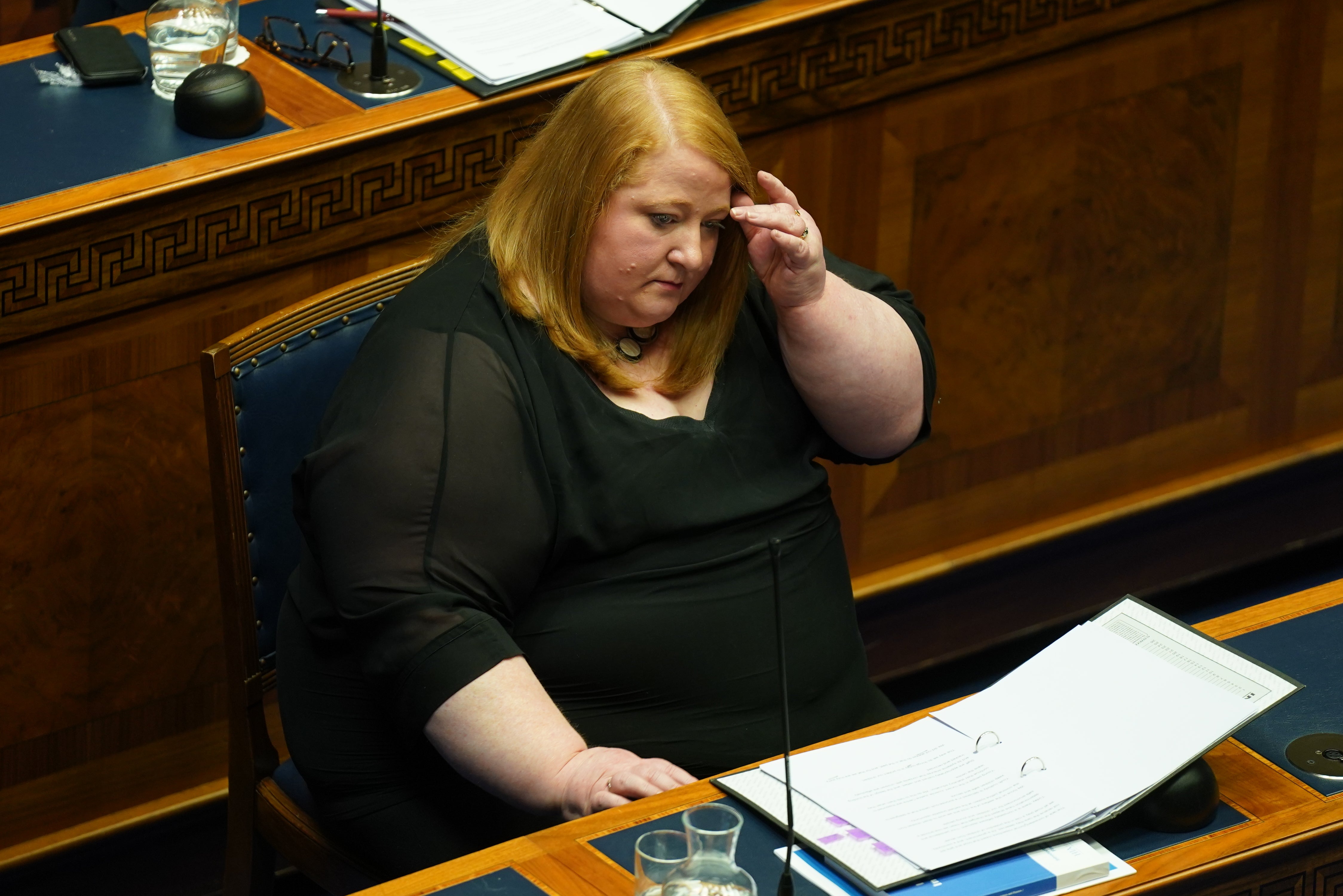 Alliance Party justice minister Naomi Long before speaking in the Northern Ireland Assembly chamber at Stormont (Brian Lawless/PA)