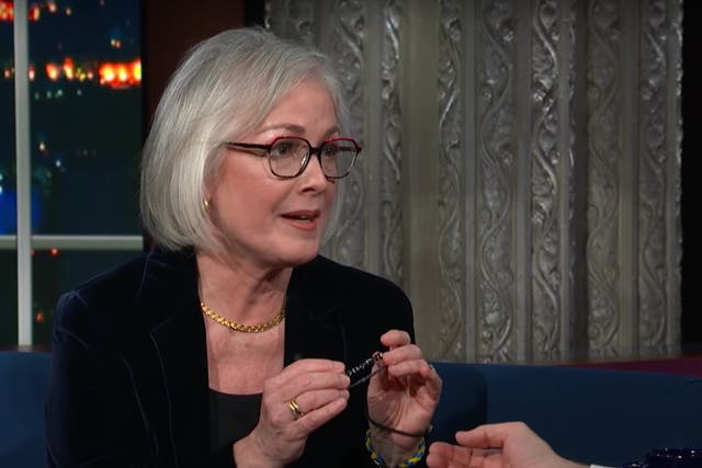 <p>The former US ambassador to Ukraine, Marie Yovanovitch, wore a bracelet stating ‘f**k you Putin’ on The Late Show with Stephen Colbert</p>