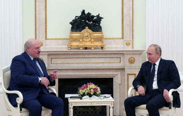 <p>Vladimir Putin and Belarus’s Alexander Lukashenko at the Kremlin </p>