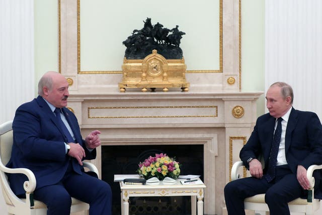 <p>Vladimir Putin and Belarus’s Alexander Lukashenko at the Kremlin </p>