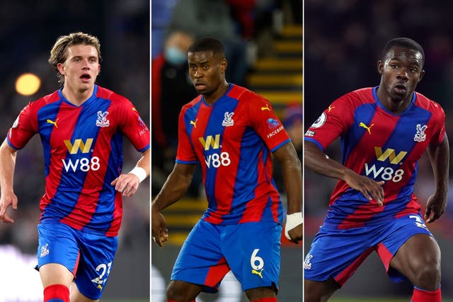 <p>Crystal Palace trio Conor Gallagher, Marc Guehi and Tyrick Mitchell are hopeful of being in the next England squad</p>