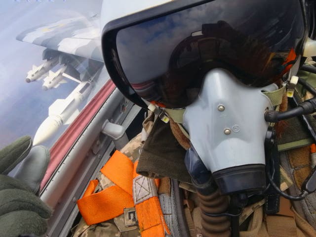 <p>A photo of a Ukrainian fighter pilot purporting to be the ‘Ghost of Kyiv’</p>