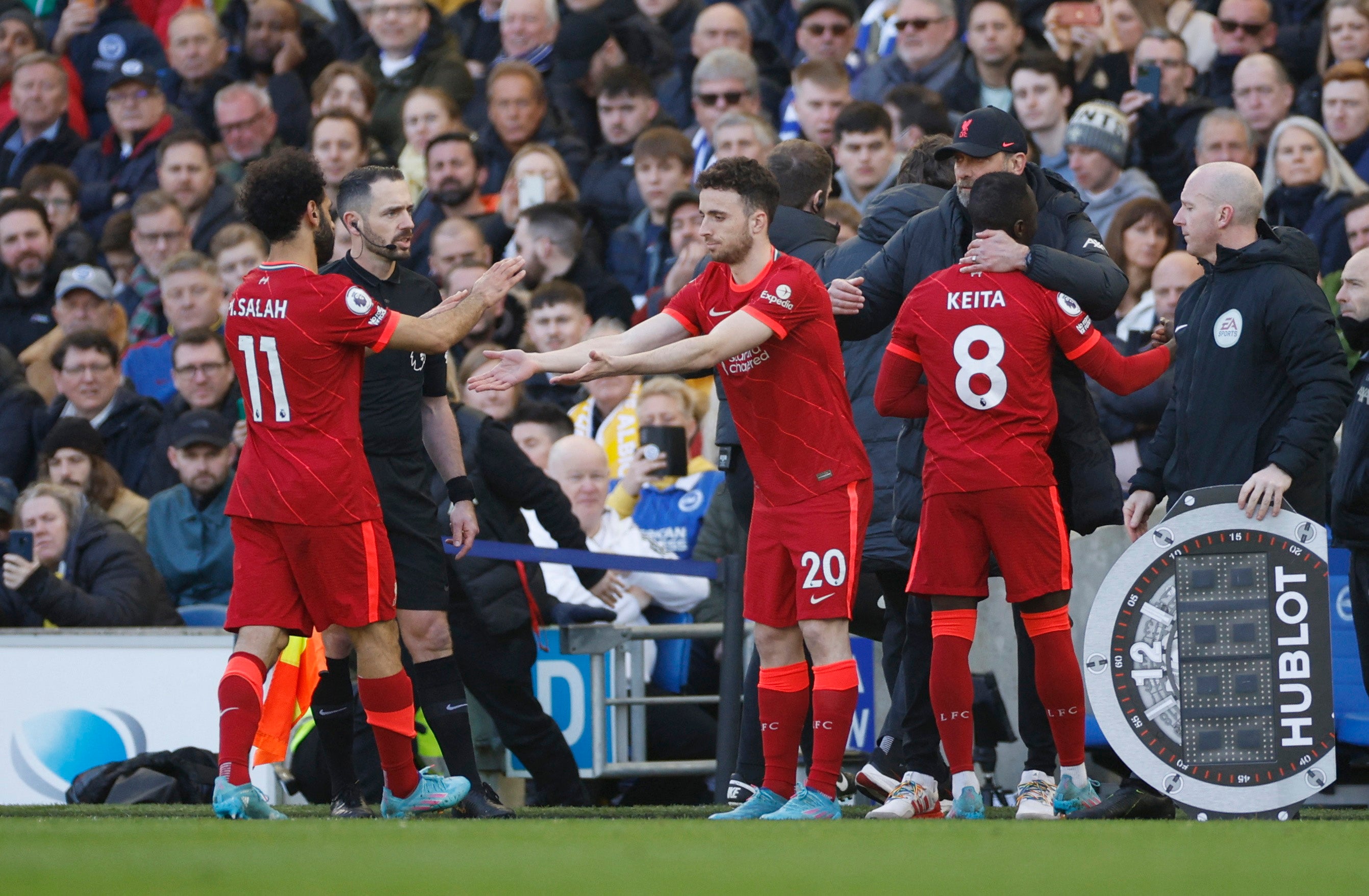 Diogo Jota comes on as a substitute to replace Mohamed Salah