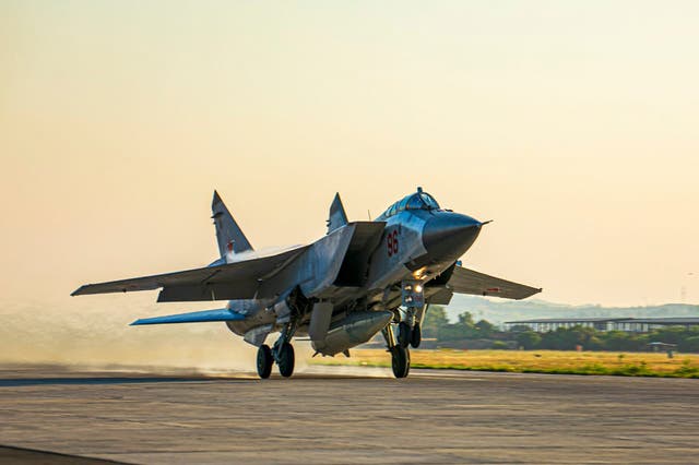 <p>File photo: A Russian MiG-31 fighter jet carrying a Kinzhal missile takes off from the Hemeimeem air base in Syria, 25 June 2021 </p>
