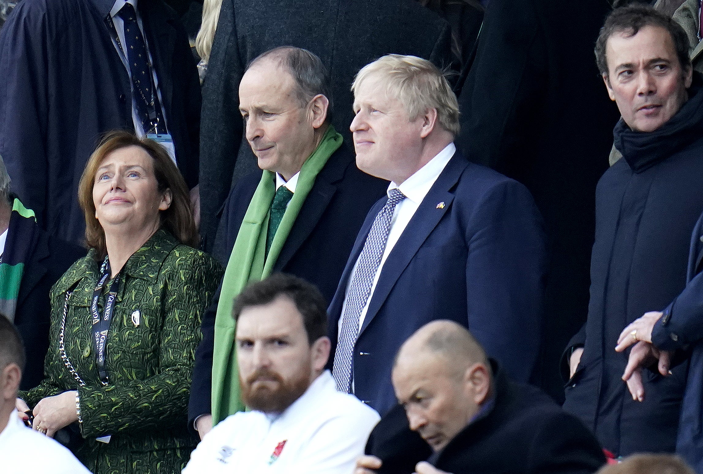 Taoiseach Michael Martin and Prime Minister Boris Johnson during the Six Nations match at Twickenham Stadium, London (Andrew Matthews/PA)