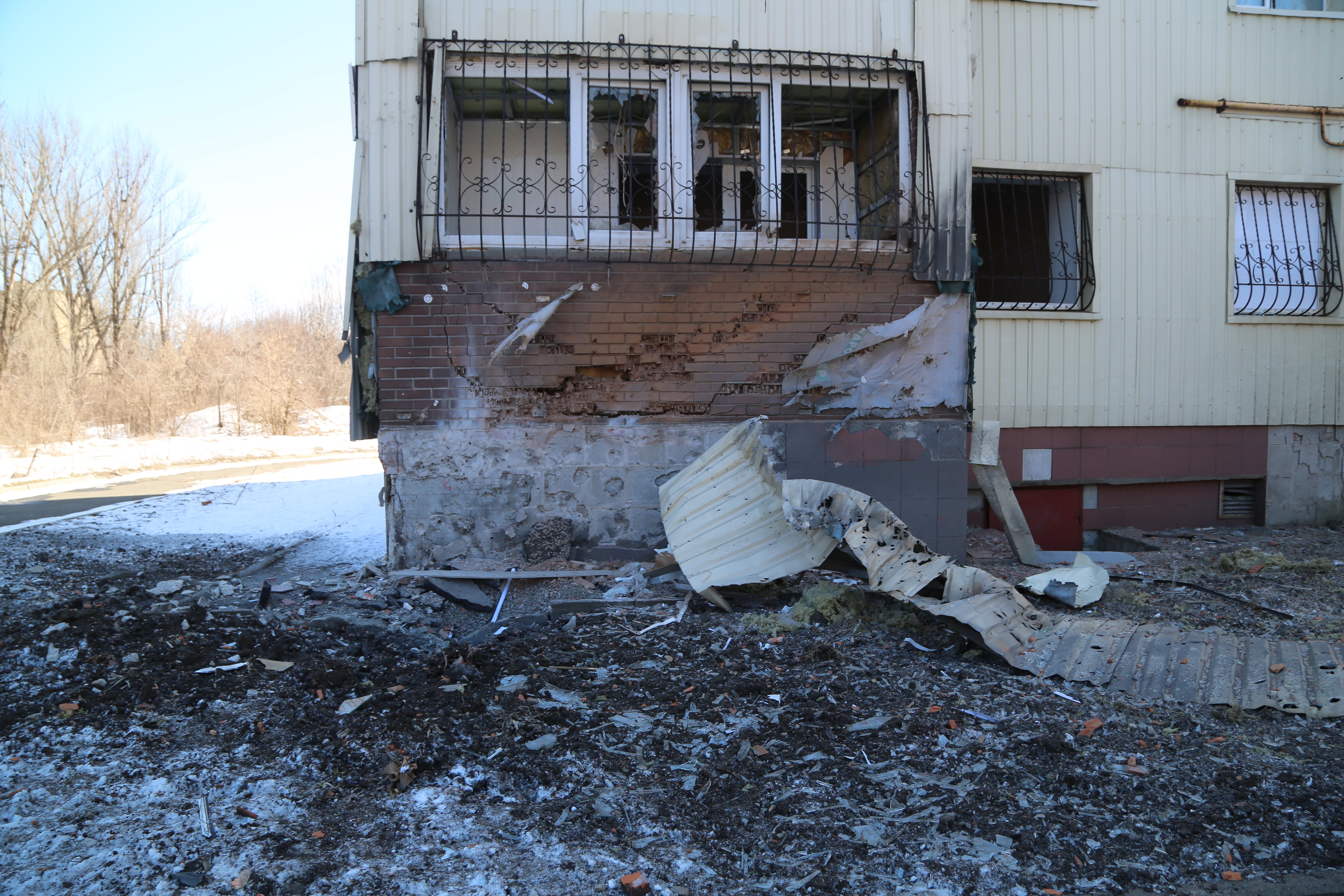 A view of a damaged building after a recent shelling in the pro-Russian separatists-controlled Donetsk