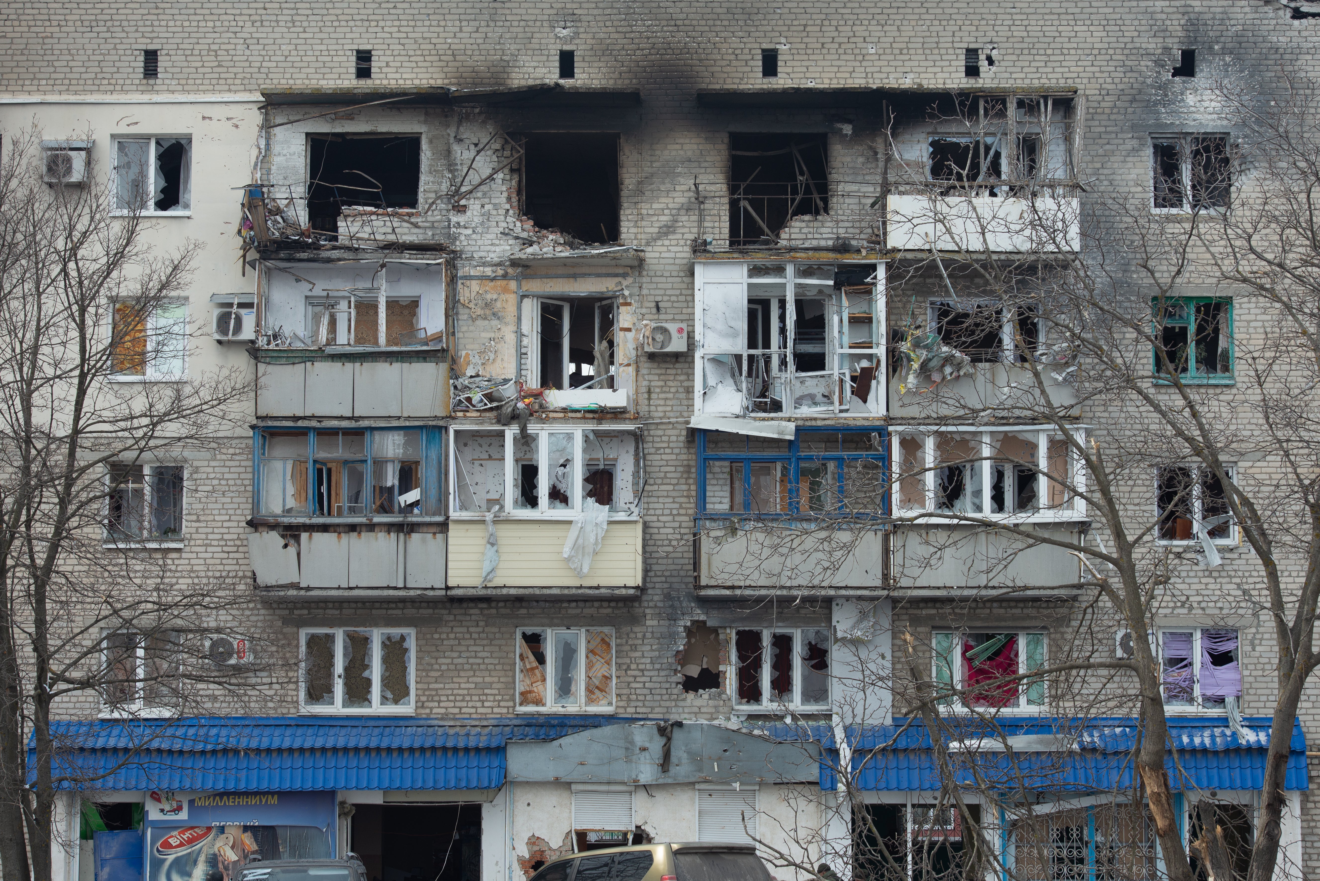 A view of the destruction in the pro-Russian separatists-controlled Donetsk