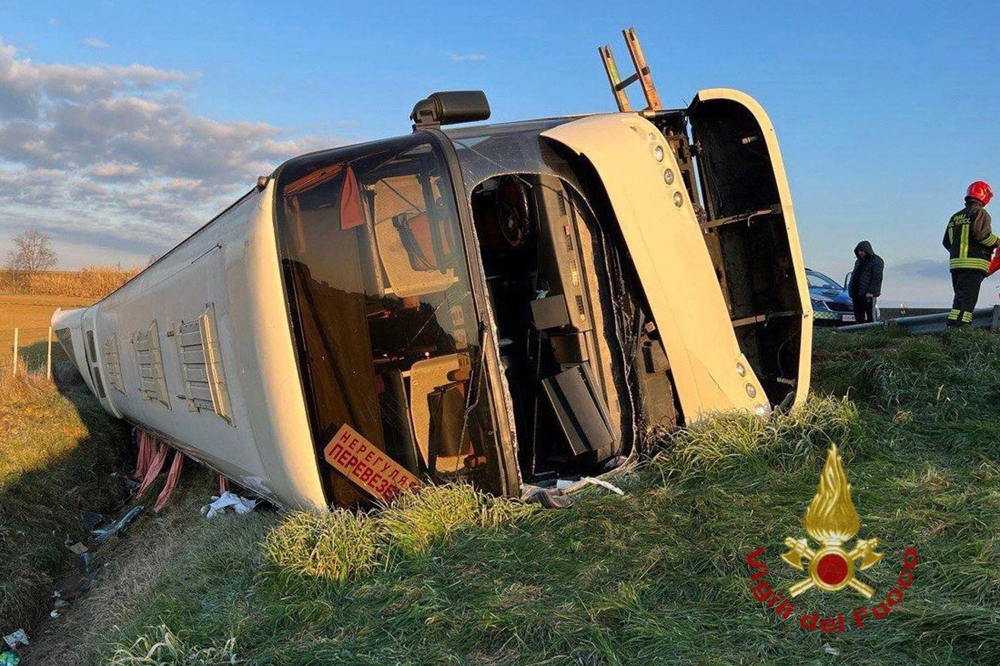 A woman has died and several others are injured after a bus with Ukrainian nationals overturned in Italy