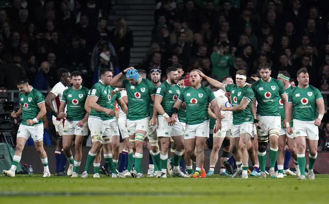 Finlay Bealham, fourth right, claimed Ireland’s final try at Twickenham (Andrew Matthews/PA)