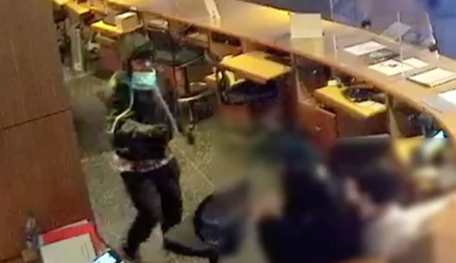 <p>Surveillance video of a man attacking two employees of the Museum of Modern Art in New York City on 13 March, 2022.</p>