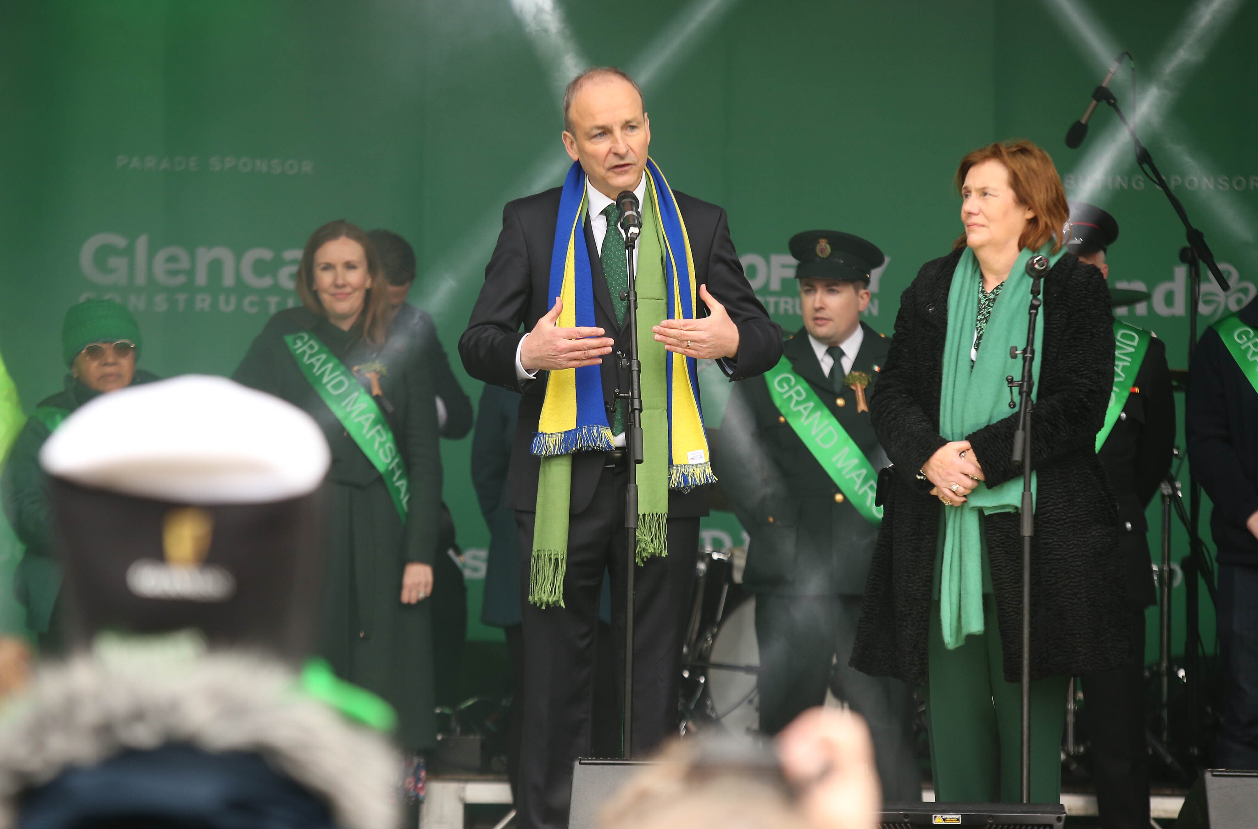 Taoiseach Micheal Martin speaks on stage in Trafalgar Square (James Manning/PA)